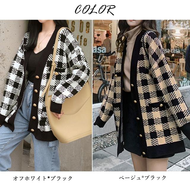 ニットカーディガン レディースチェック柄 送料無料 即日発送-1