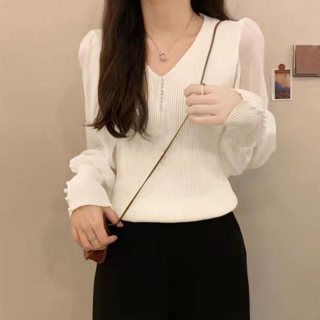 ニットトップス レディース シフォン袖 送料無料 即日発送-4