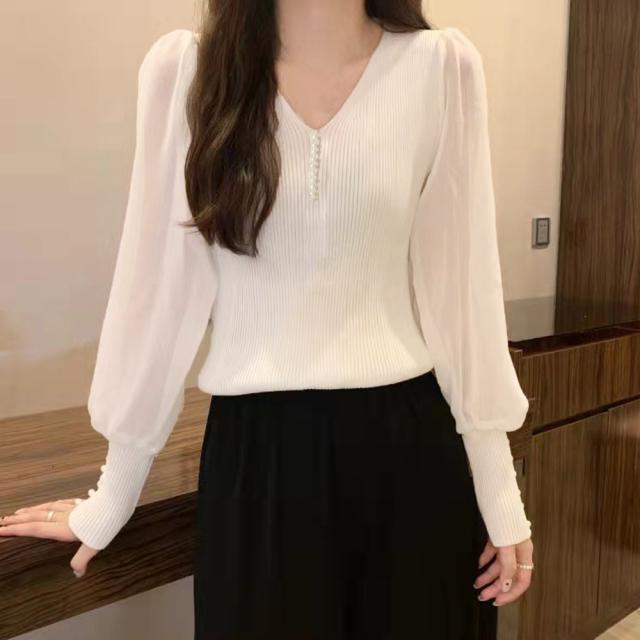 ニットトップス レディース シフォン袖 送料無料 即日発送-5