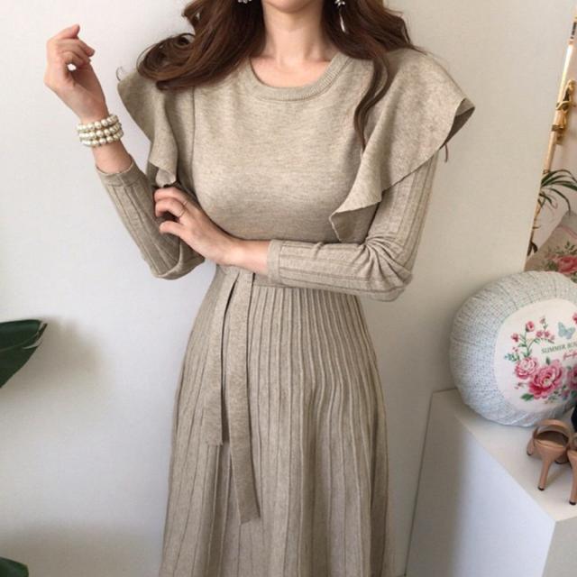 ワンピース ショルダーフリルニットワンピース 送料無料 即日発送-4