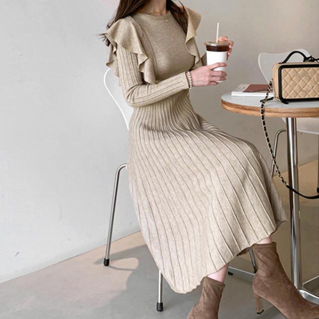 ワンピース ショルダーフリルニットワンピース 送料無料 即日発送-5