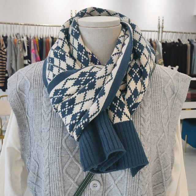 アーガイル柄 ニットマフラー レトロ風 送料無料 即日発送-9