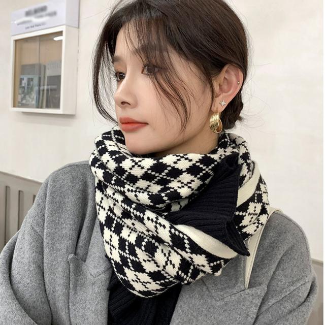 アーガイル柄 ニットマフラー レトロ風 送料無料 即日発送-5