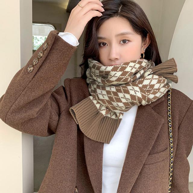 アーガイル柄 ニットマフラー レトロ風 送料無料 即日発送-6