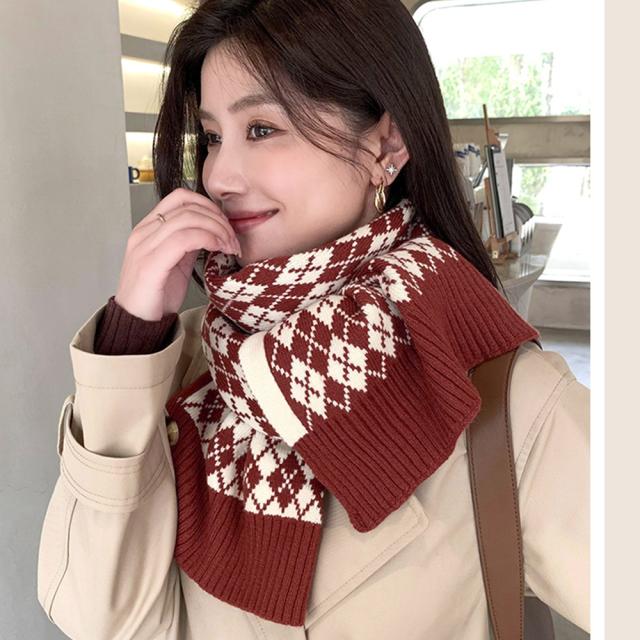 アーガイル柄 ニットマフラー レトロ風 送料無料 即日発送-8
