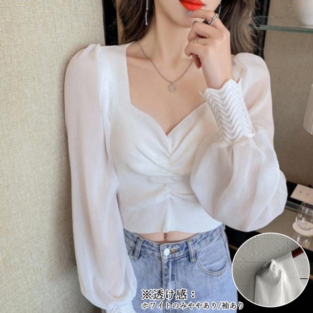 フロントギャザーニットブラウス 長袖 送料無料 即日発送-5