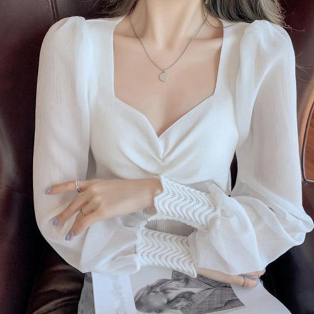 フロントギャザーニットブラウス 長袖 送料無料 即日発送-6