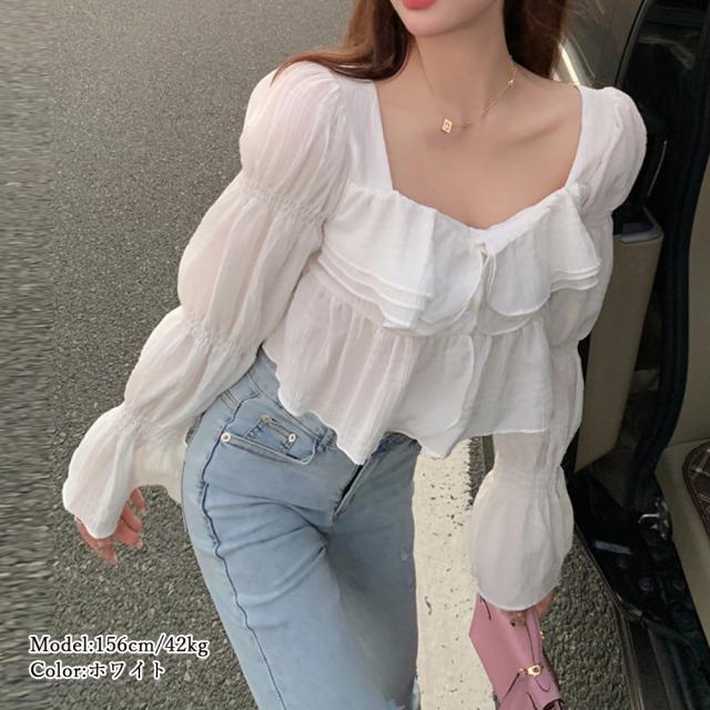 ブラウス スクエアネック 胸元フリル 送料無料 即日発送-5