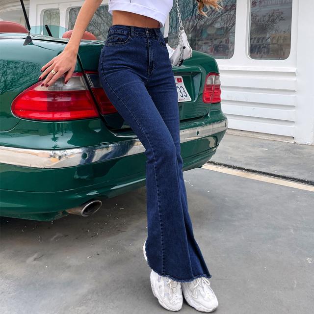 デニム フレアパンツ 裾フリンジ 美脚 送料無料 即日発送-8