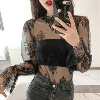 シースルーブラウス 花柄総レーストップス 送料無料 即日発送-3