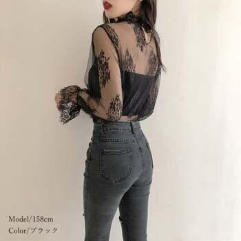シースルーブラウス 花柄総レーストップス 送料無料 即日発送-4