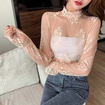 シースルーブラウス 花柄総レーストップス 送料無料 即日発送-5