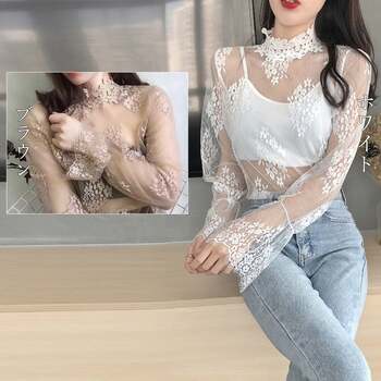 シースルーブラウス 花柄総レーストップス 送料無料 即日発送-7