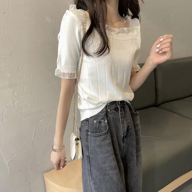 スクエアネック サマーニット レース付き 送料無料 即日発送-4