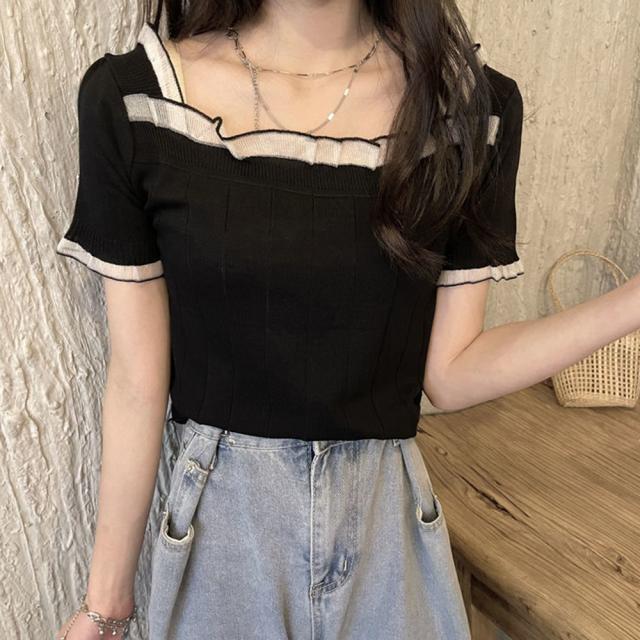 スクエアネック サマーニット レース付き 送料無料 即日発送-5