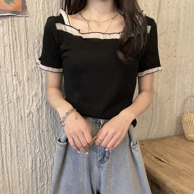 スクエアネック サマーニット レース付き 送料無料 即日発送-6