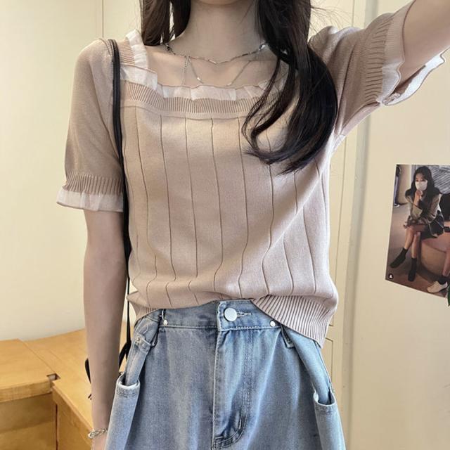 スクエアネック サマーニット レース付き 送料無料 即日発送-7