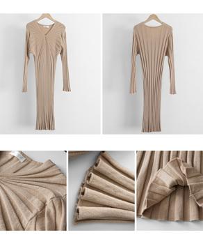 ワンピース Vネック ワンピース レディース ニットワンピース 秋冬 長袖リブニット ミモレワンピ 膝丈下 送料無料 即日発送-9