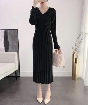 ワンピース Vネック ワンピース レディース ニットワンピース 秋冬 長袖リブニット ミモレワンピ 膝丈下 送料無料 即日発送-2