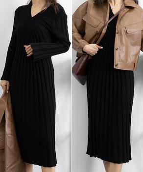 ワンピース Vネック ワンピース レディース ニットワンピース 秋冬 長袖リブニット ミモレワンピ 膝丈下 送料無料 即日発送-3