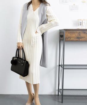 ワンピース Vネック ワンピース レディース ニットワンピース 秋冬 長袖リブニット ミモレワンピ 膝丈下 送料無料 即日発送-4