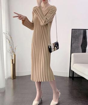 ワンピース Vネック ワンピース レディース ニットワンピース 秋冬 長袖リブニット ミモレワンピ 膝丈下 送料無料 即日発送-7