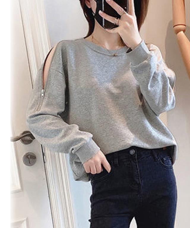 トレーナー オープンショルダー クルーネック スウェット 肩出しトップス ゆったり セクシー 送料無料 即日発送-9