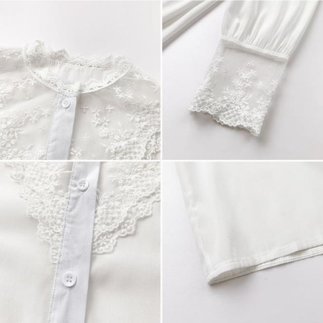 シャツ ブラウス レディース 刺繍 レースブラウス トップス 長袖 シャツ 大人セレブ 送料無料 即日発送-2