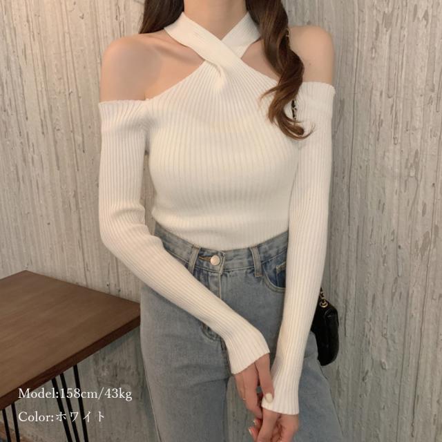 ニットトップス ホルターネック 肩出し 送料無料 即日発送-4