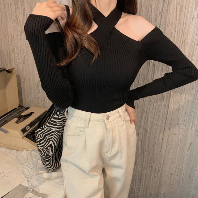 ニットトップス ホルターネック 肩出し 送料無料 即日発送-5