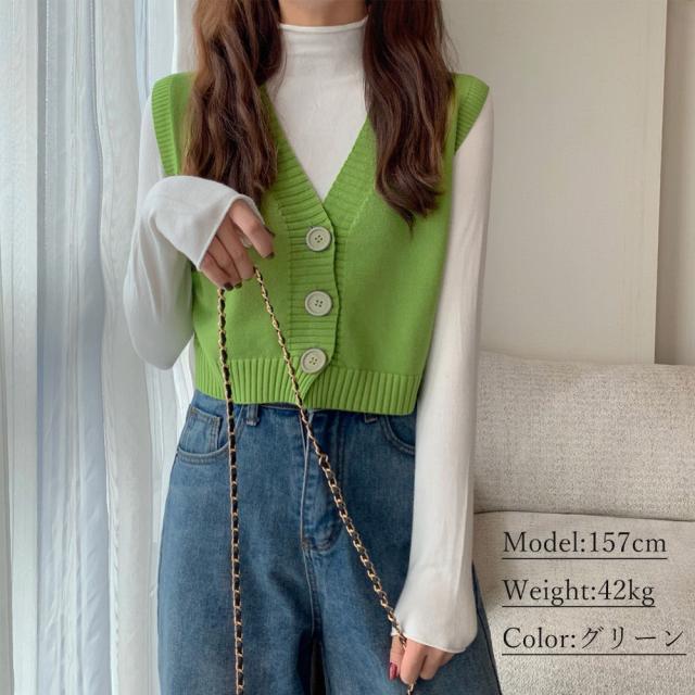 ニットベスト 前開き Vネックトップス 送料無料 即日発送-6