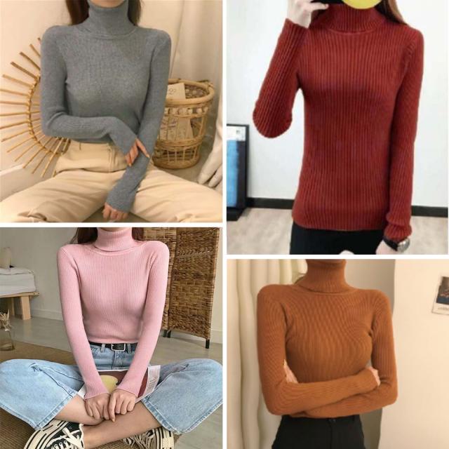 リブ ニットトップス タートルネック無地 送料無料 即日発送-9