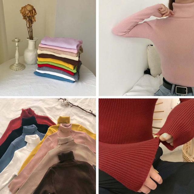 リブ ニットトップス タートルネック無地 送料無料 即日発送-3