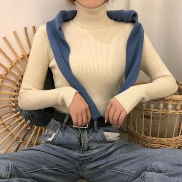 リブ ニットトップス タートルネック無地 送料無料 即日発送-5