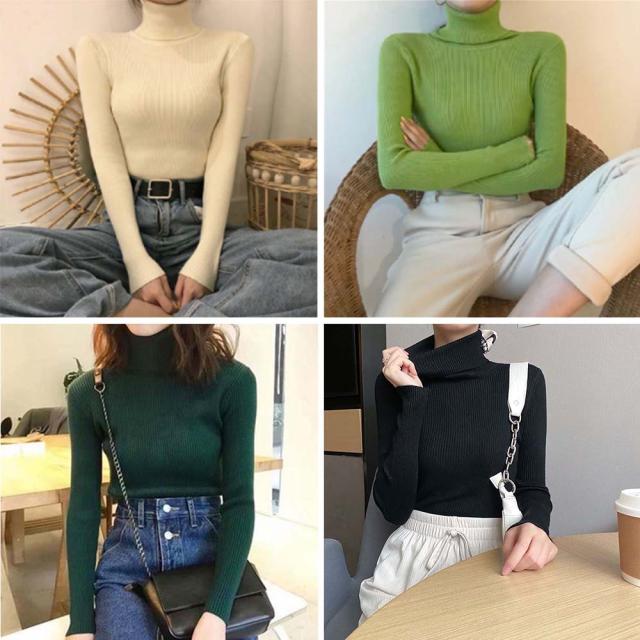 リブ ニットトップス タートルネック無地 送料無料 即日発送-6