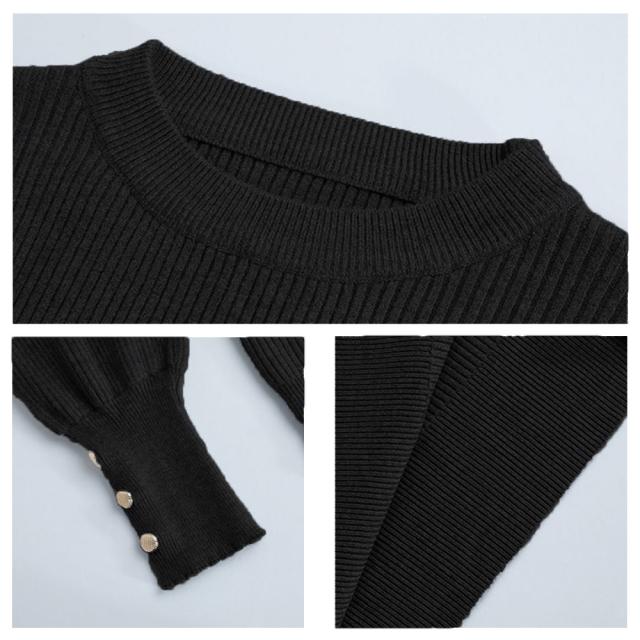 リブニットトップス 袖口ボタン 着やせ 送料無料 即日発送-2