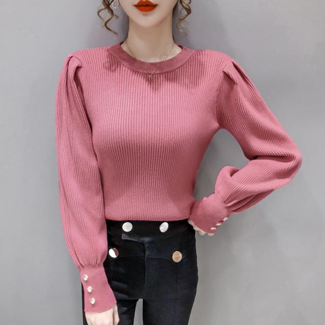 リブニットトップス 袖口ボタン 着やせ 送料無料 即日発送-6