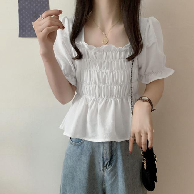 スクエアネック ブラウス シャーリング 送料無料 即日発送-3