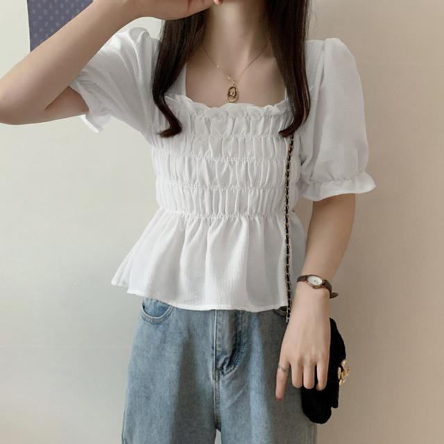 スクエアネック ブラウス シャーリング 送料無料 即日発送-4