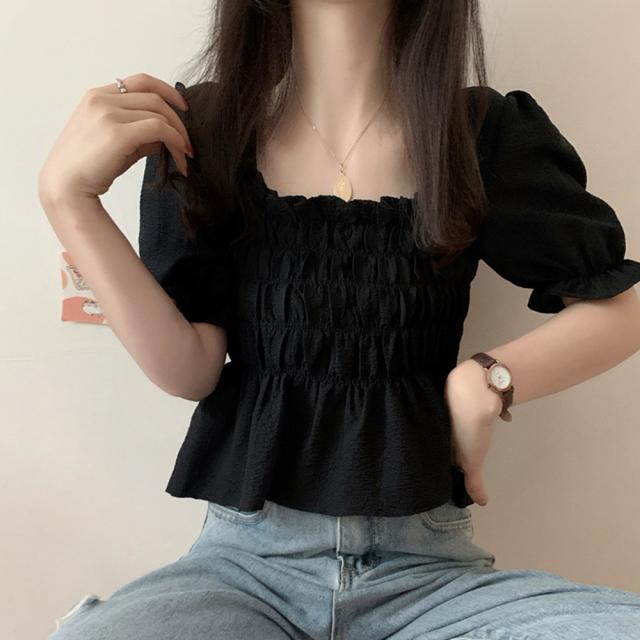 スクエアネック ブラウス シャーリング 送料無料 即日発送-5