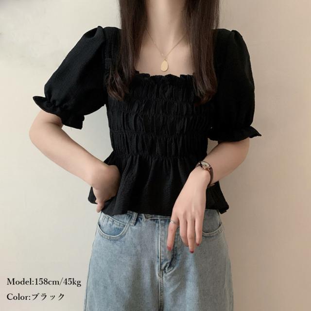 スクエアネック ブラウス シャーリング 送料無料 即日発送-6