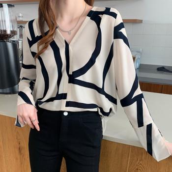 幾何学模様ブラウスレディースVネック長袖 送料無料 即日発送-3
