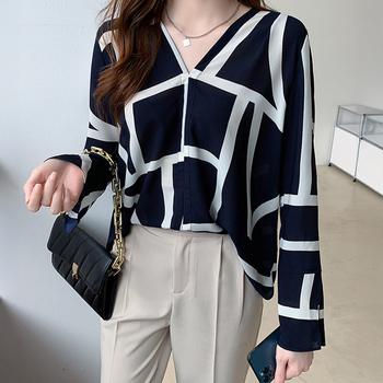 幾何学模様ブラウスレディースVネック長袖 送料無料 即日発送-5