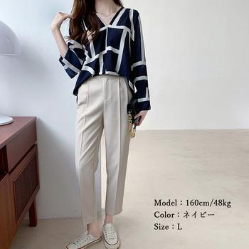 幾何学模様ブラウスレディースVネック長袖 送料無料 即日発送-6