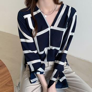 幾何学模様ブラウスレディースVネック長袖 送料無料 即日発送-7