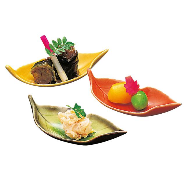 和食器 木の葉型珍味入 黄 フリット 朱赤 日本製 美濃焼 4セット 送料無料-4