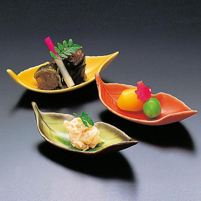 和食器 木の葉型珍味入 黄 フリット 朱赤 日本製 美濃焼 4セット 送料無料-5