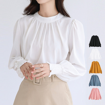 胸元ギャザーブラウス上品バルーンスリーブ 送料無料 即日発送-0