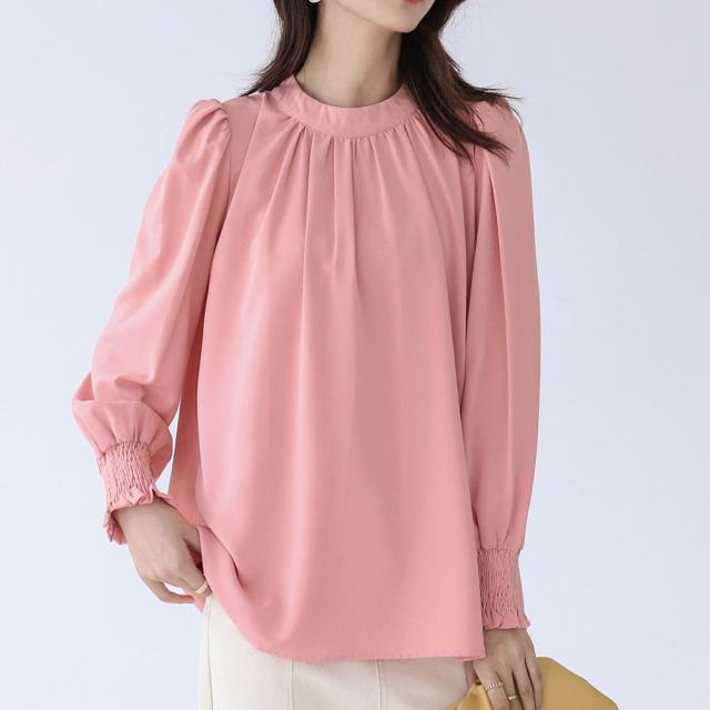 胸元ギャザーブラウス上品バルーンスリーブ 送料無料 即日発送-9