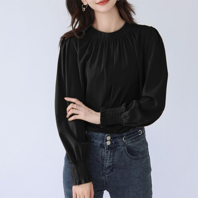 胸元ギャザーブラウス上品バルーンスリーブ 送料無料 即日発送-4